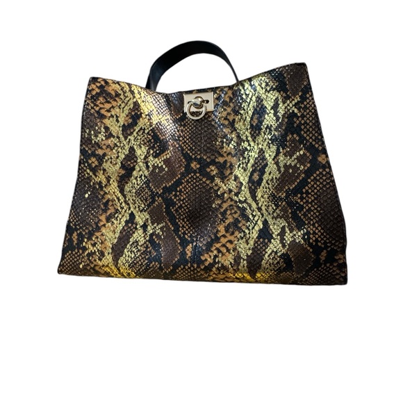Faux Leather Tote Bag Snakeskin Print with Gold Metallic Accent Print - Picture 8 of 9